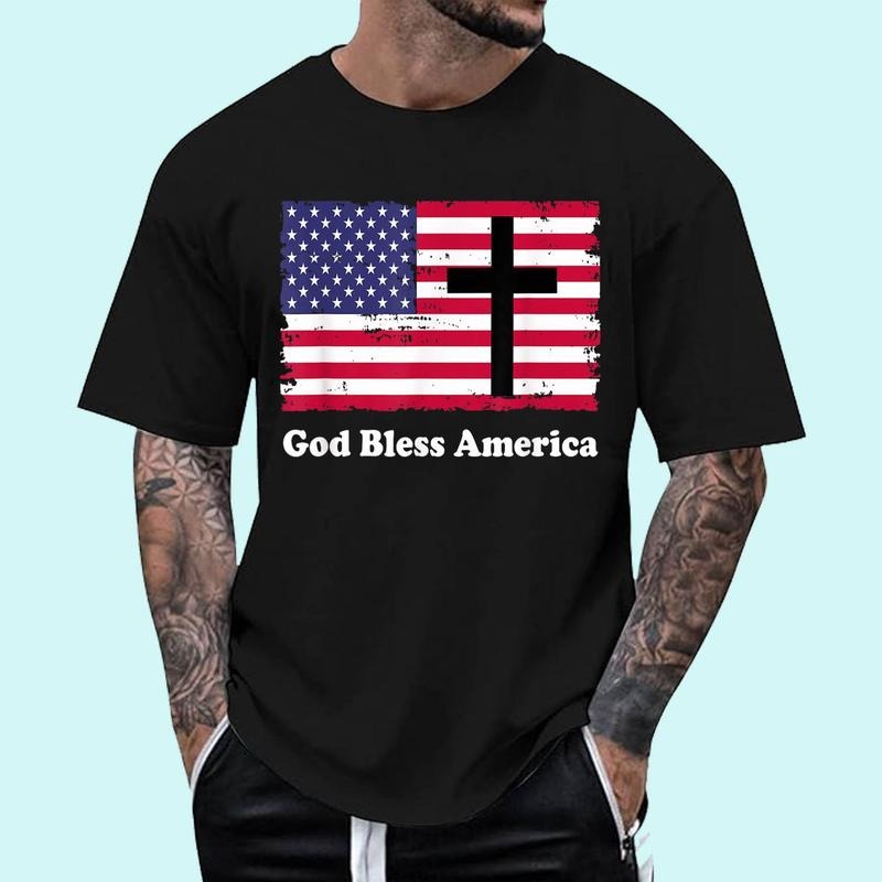 [Unisex Cotton Shirt] God Bless America Patriotic Flag with Cross T-Shirt Hoodie, Sweatshirt | PrintMintTees.com