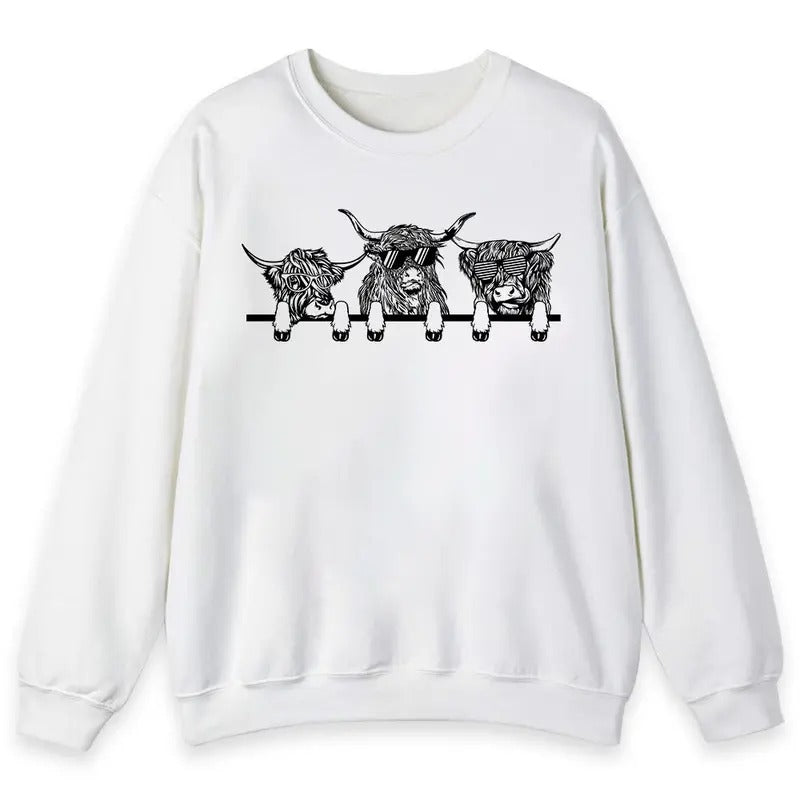Unisex Funny Highland Cow With Glasses Sketch  T-Shirt  , Sweatshirt  and Hoodie | PrintMintTees.com