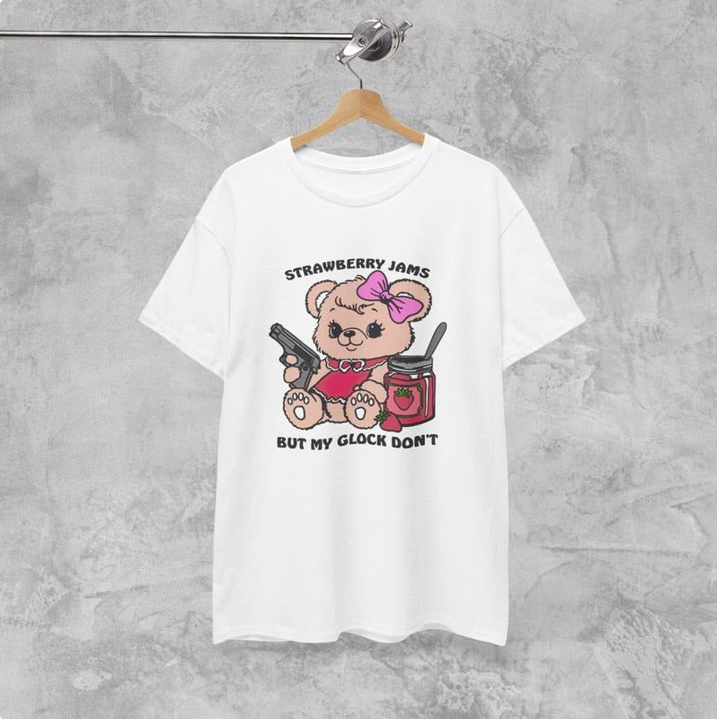 Unisex Heavy Cotton Tee, Strawberry Jams But My Glock Don't Funny Meme Bear T Shirt Menswear Top Hoodie Sweatshirt