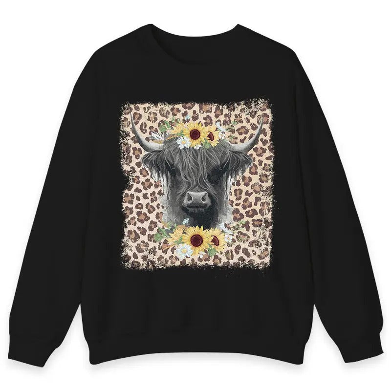Unisex Highland Cow Print Leopard  T-Shirt  , Sweatshirt  and Hoodie | PrintMintTees.com
