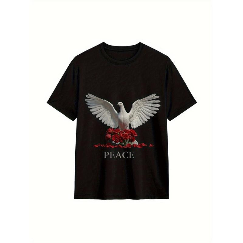 Unisex Peace Dove & Roses Graphic T-Shirt - Soft Cotton Loose Fit Short Sleeve, Black with White Dove & Red Roses Design,...