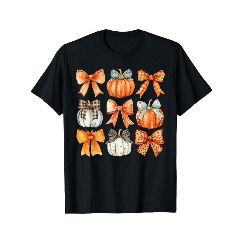 Unisex Thanksgiving Pumpkin and Bow Print T-Shirt - 100% Cotton Crew Neck Casual Tee with Slight Stretch, All-Season...