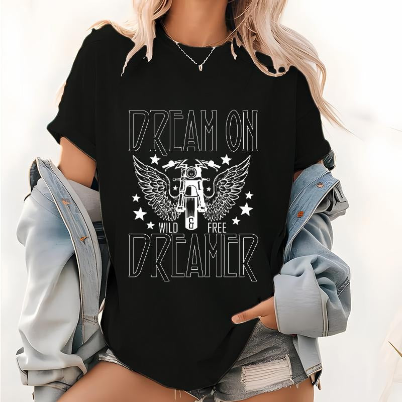 "Unleash Your Dreams: Motorcycle Motif with Wings and 'Wild Free Dreamer' Statement T