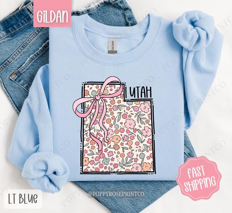 Utah Floral Bow Gildan Sweatshirt, Cute Trendy State Coquette Pullover T-Shirts, Hoodie | PrintMintTees.com