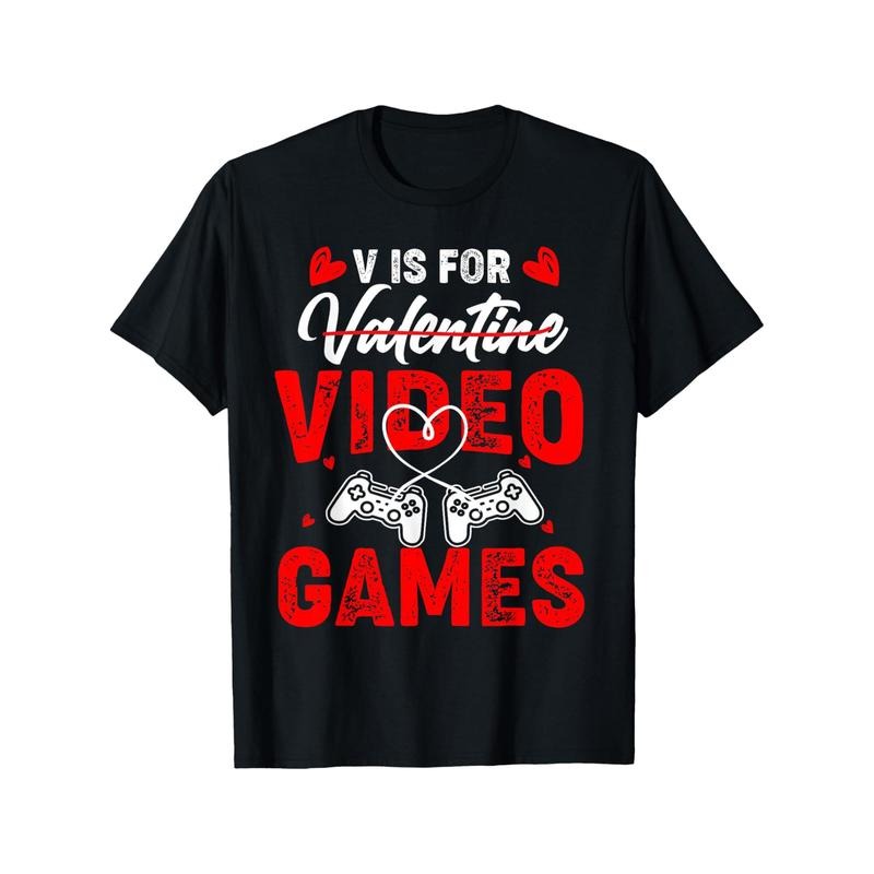 V Is For Valentine Video Games Men T-Shirts, Funny Valentine'S Day Novelty Graphic Printed Tee, Short Sleeve Valentine'S...