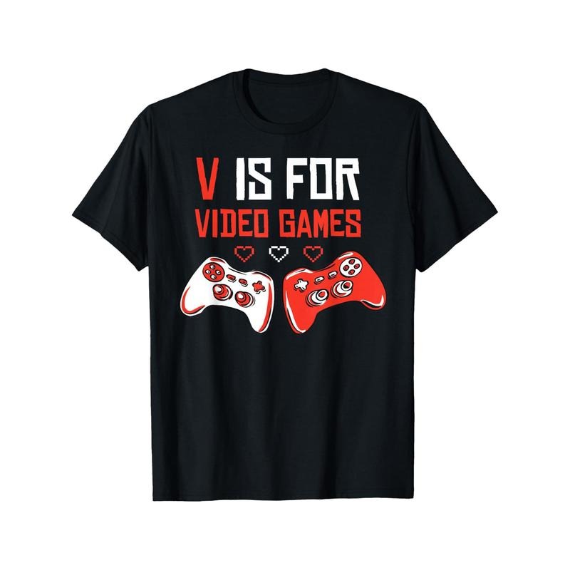 V Is For Video Games Men T-Shirts, Funny Valentines Day Novelty Graphic Printed Tee, Short Sleeve Boys Valentine'S Day...