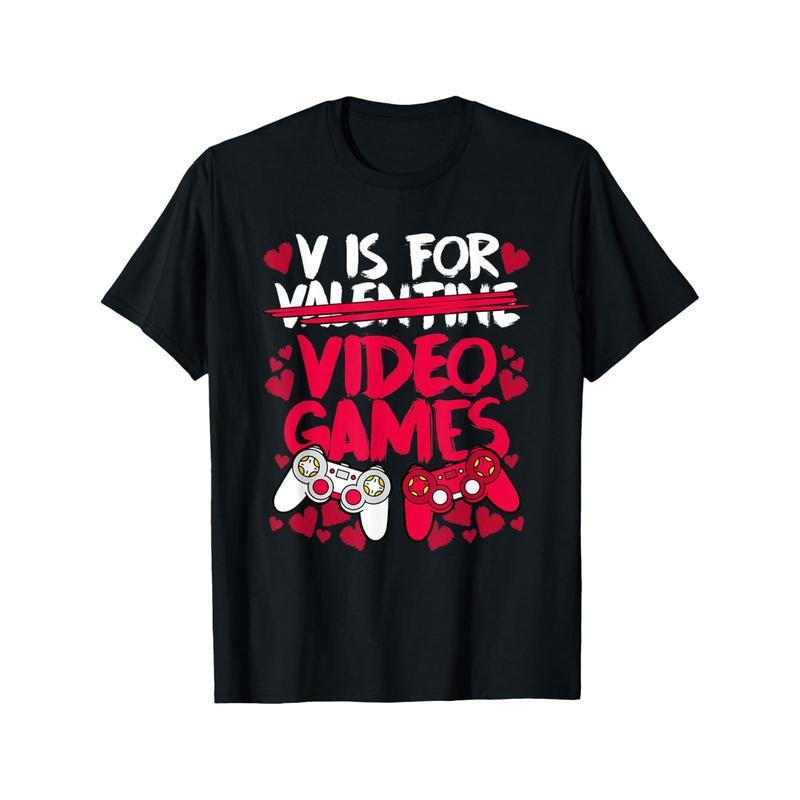 V Is For Video Games Men T-Shirts, Funny Valentines Day Novelty Graphic Printed Tee, Short Sleeve Boys Valentine'S Day...