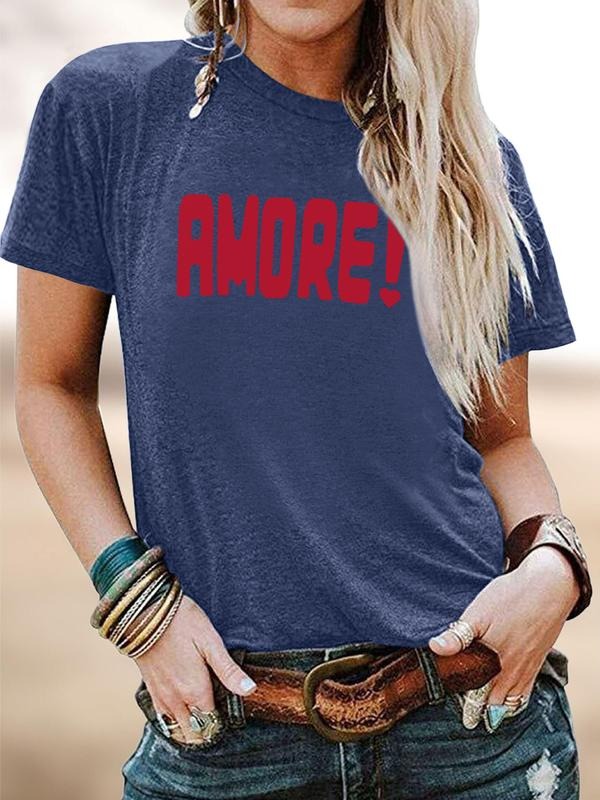Valentine Amore Letter Print Casual Fitted Round Neck Short Sleeve T-Shirt for Women, Comfortable Soft Fabric, All...