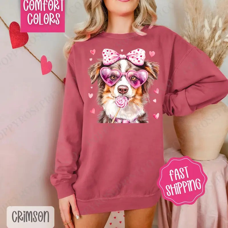 Valentine Australian Shepherd Comfort Colors Sweatshirt, Valentine's Day Women's Crewneck, Cute Women's Sweater Shirt Hoodie