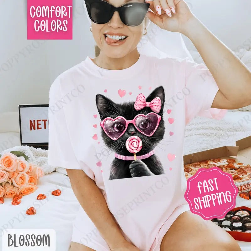 Valentine Black Cat Shirt Comfort Colors, Valentine's Day Women's Tee, Cute Women's Tshirt Hoodie Sweatshirt