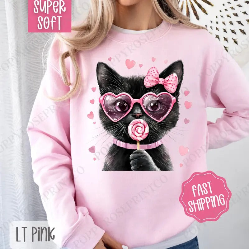Valentine Black Cat Sweatshirt, Valentine's Day Crewneck, Cute Women's Sweater T-Shirts, Hoodie | PrintMintTees.com
