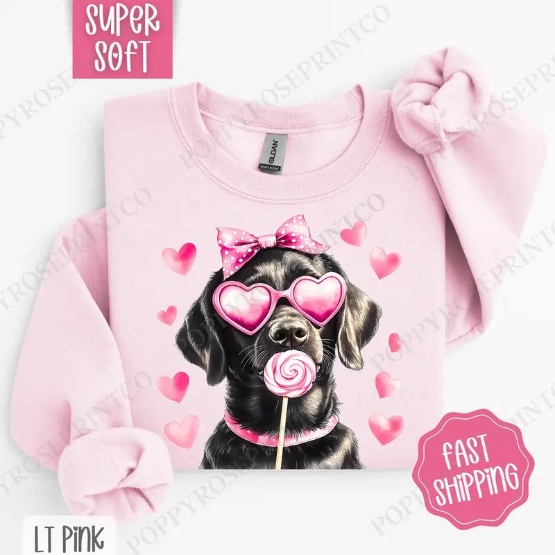 Valentine Black Lab Sweatshirt, Valentine's Day Crewneck, Cute Women's Sweater T-Shirts, Hoodie | PrintMintTees.com