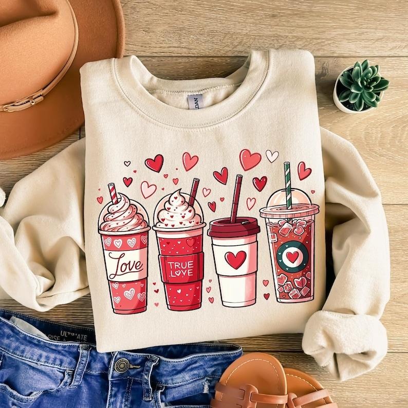 Valentine Coffee lover Sweatshirt latte iced coffee ,  , Love , hand drawn, Valentine Drinks , XOXO Shirt Hoodie