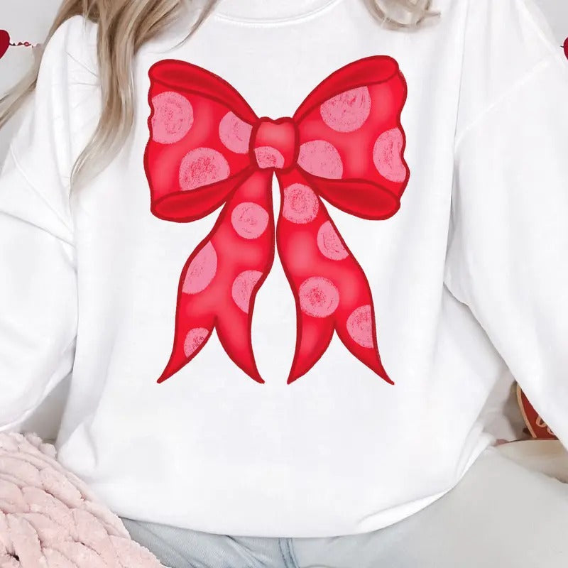 Valentine Coquette Polkadot Red Bow Red Coquette Valentine Top Valentine Casual Lightweight Love Bow Top Preppy Womenswear Shirt Hoodie Sweatshirt