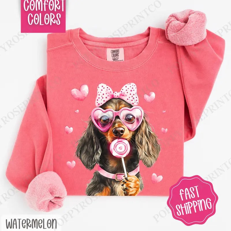 Valentine Dachshund Sweatshirt Comfort Colors, Dog Valentine's Day Women's Crewneck, Cute Women's Sweater For Valentines...