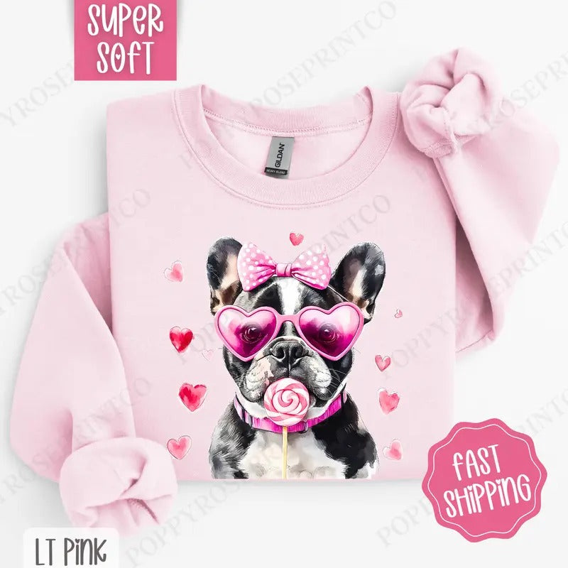 Valentine Frenchie Sweatshirt, Valentine's Day Crewneck, Cute Women's Sweater Shirt Hoodie | PrintMintTees.com