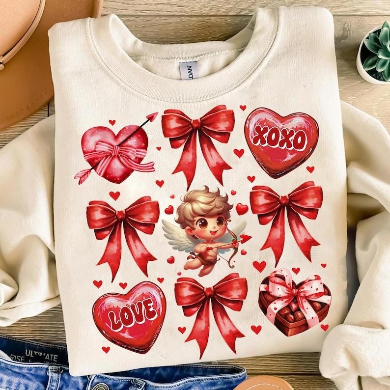 Valentine Heart Coquette Bow Sweatshirt Valentine Bow , Valentine Cupid  , XOXO , Retro Valentine Shirt Hoodie