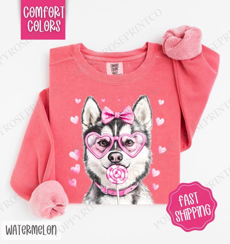 Valentine Husky Comfort Colors Sweatshirt, Valentine's Day Women's Crewneck, Cute Women's Sweater T-Shirts, Hoodie