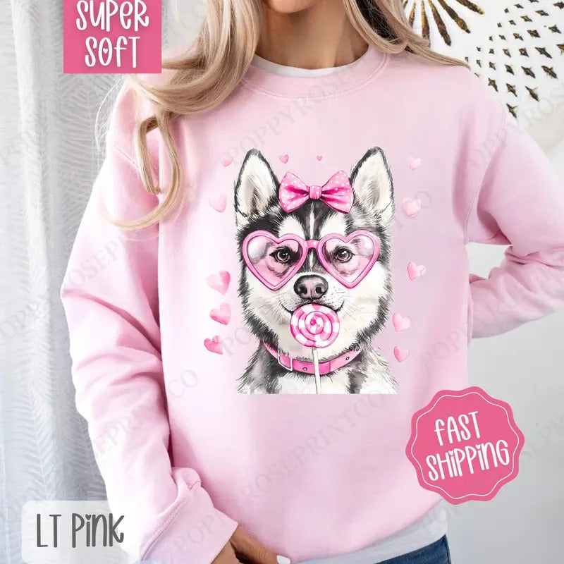 Valentine Husky Sweatshirt, Valentine's Day Crewneck, Cute Women's Sweater Shirt Hoodie | PrintMintTees.com