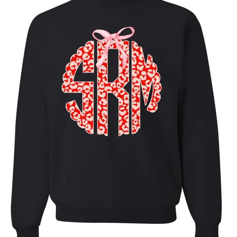 Valentine Leopard Monogram with Bow  Unisex NuBlend Crew Sweatshirt PREPPY MONOGRAM GIRLY Shirt Hoodie | PrintMintTees.com