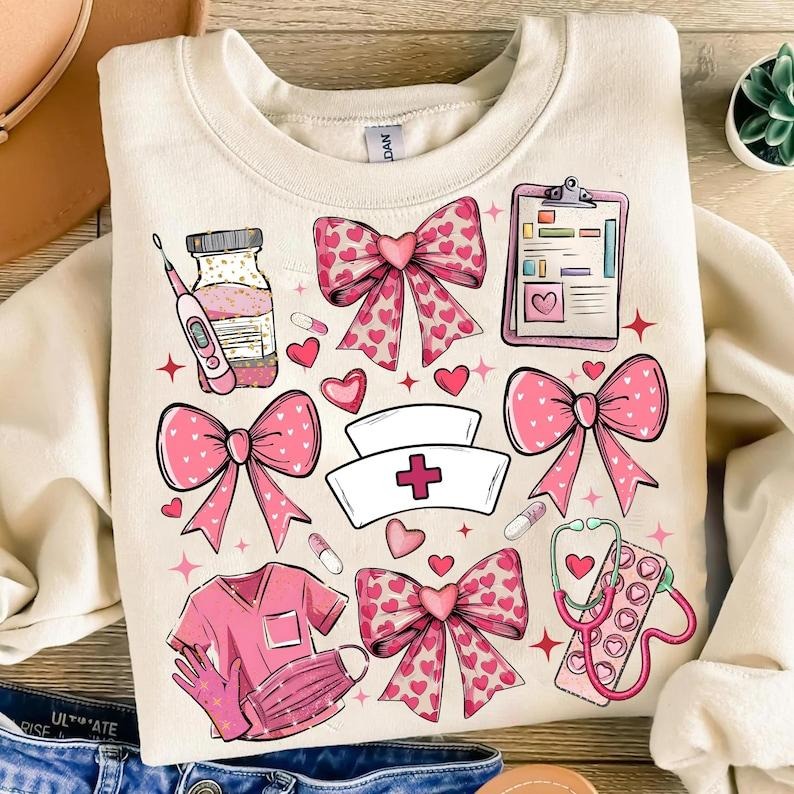 Valentine Nurse Coquette Sweatshirt, nurse coquette bow , Valentine , Retro Valentine , nurse  ,Valentine coquette Shirt...