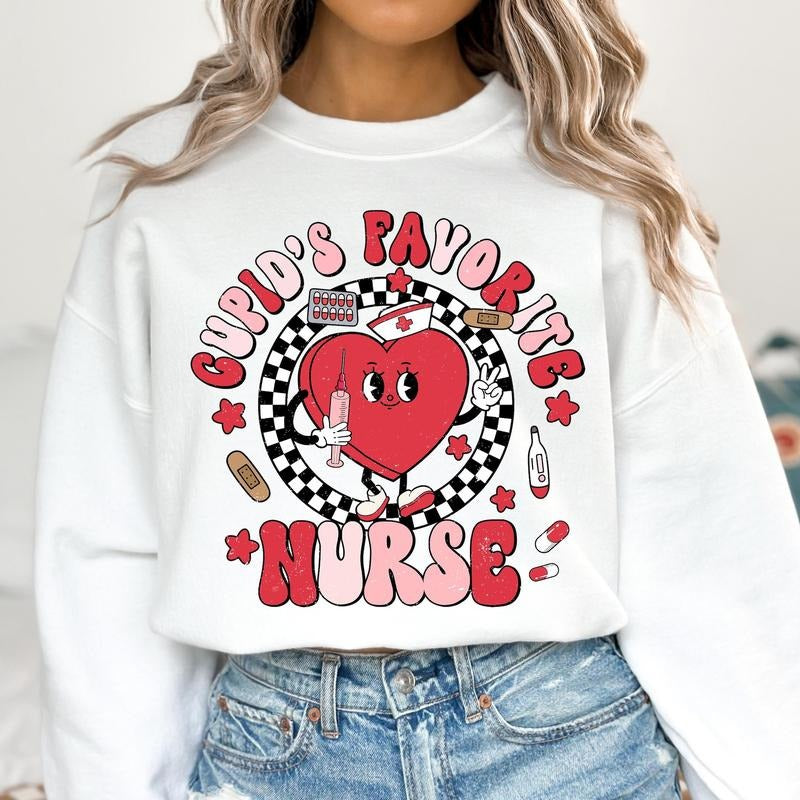 Valentine Nurse Sweatshirt, Cupids Favorite Nurse Sweatshirt, Checkered Heart Sweatshirt, Retro Valentine Sweatshirt,...