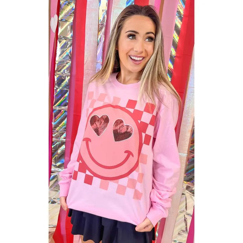 Valentine Sequin Smiley Graphic Long Sleeve T-Shirt Hoodie Sweatshirt | PrintMintTees.com