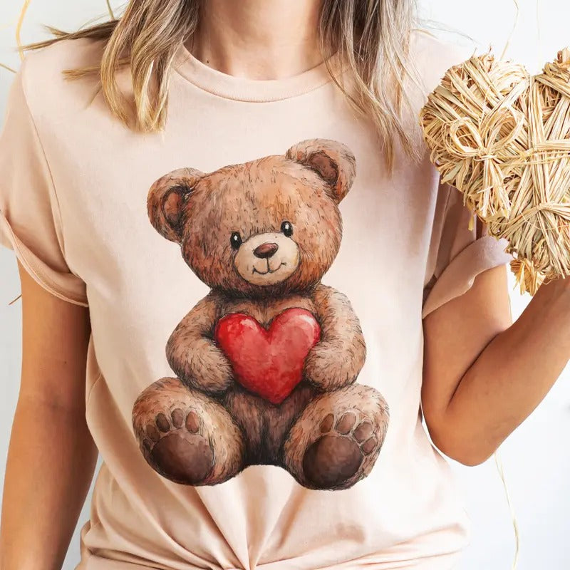 Valentine Teddy Bear Tshirt Sweet Bear Red Heart Valentine Tee Love Bear T-Shirt Womens Casual Heart Shirt Love...