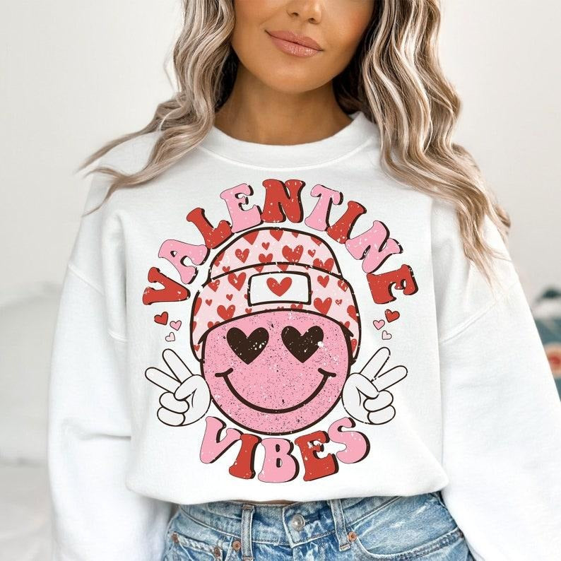 Valentine Vibes Sweatshirt, ValentineDay Sweatshirt, Smiley Face Sweatshirt, Retro Valentines Shirt Hoodie