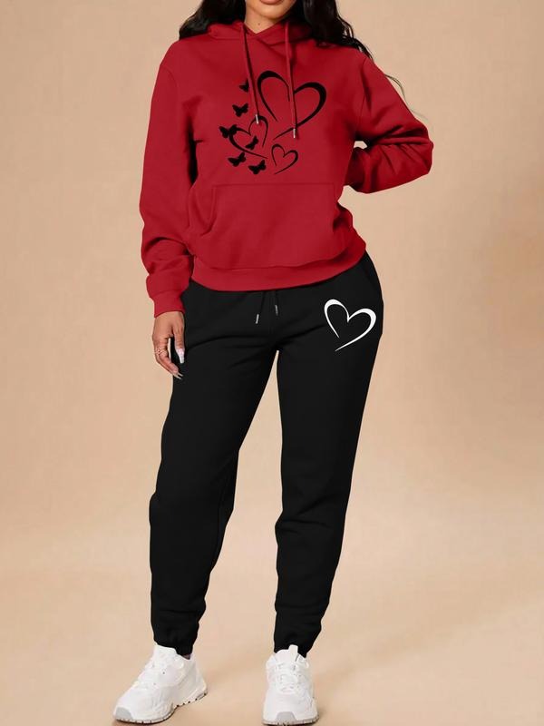 Valentine's Day Casual Butterfly Heart Print Hoodie Set, Long Sleeve Sweatshirt with Pockets, Fall & Winter for Women Shirt