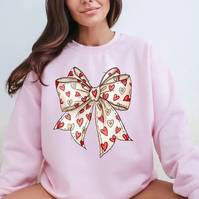 Valentine's Day Coquette Heart Bow Sweatshirt Valentine xoxo love Gift for her Shirt Hoodie | PrintMintTees.com
