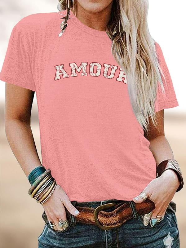 Valentine's Day Fashion Casual Amour Letter Print Round Neck Short Sleeve T-Shirt for Women, Comfortable Soft Fabric, 11...