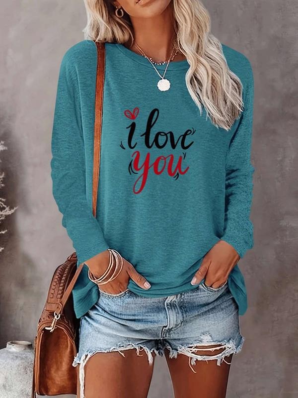 Valentine's Day Fashion Casual I Love You Letter Print Round Neck Long Sleeve T-Shirt, Comfortable Fit, 10 Colors...