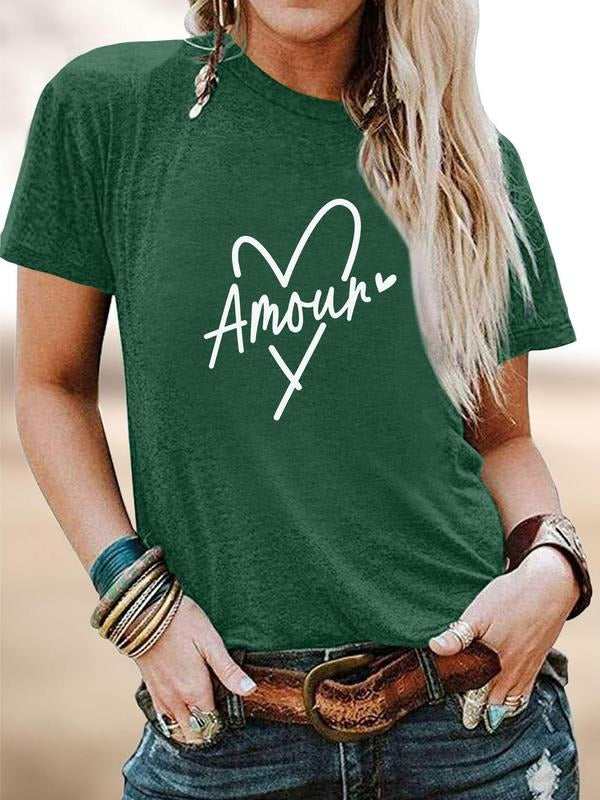 Valentine's Day Fashion Casual Romantic Amour Letter Heart Print Round Neck Short Sleeve T-Shirt, Soft Comfortable...