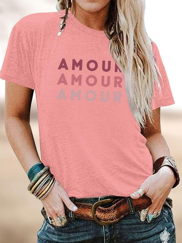 Valentine's Day Fashion Casual Romantic Colorful Amour Letter Print Round Neck Short Sleeve T-Shirt for Women,...