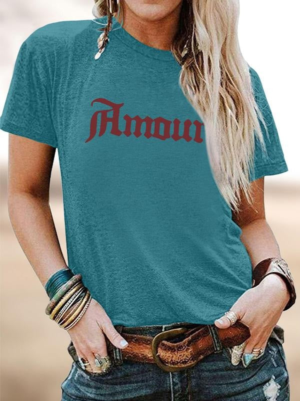 Valentine's Day Fashion Casual Romantic Colorful Amour Letter Print Round Neck Short Sleeve T-Shirt for Women,...