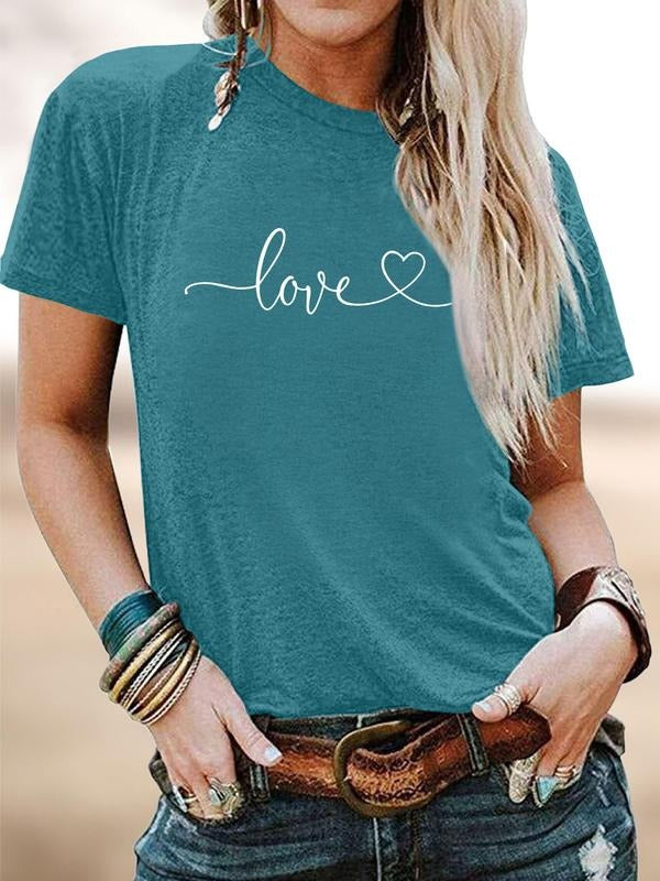 Valentine's Day Fashion Casual Simple Heart Design Letter Print Round Neck Short Sleeve T-Shirt, Comfortable Soft Fabric,...