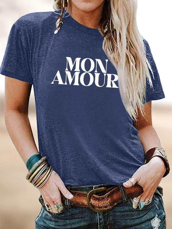 Valentine's Day Fashion Casual Simple Mon Amour Letter Print Round Neck Short Sleeve T-Shirt, Comfortable Soft Fabric,...