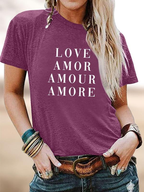 Valentine's Day Fashion Casual Simple Slogan Print Round Neck Short Sleeve T-Shirt, Soft Comfortable Fabric, Women's...