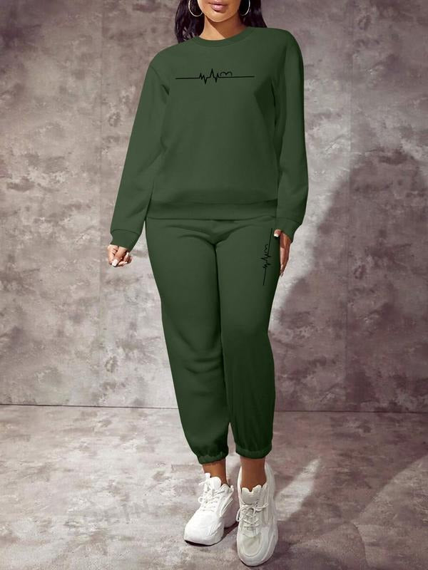 Valentine's Day Spring Fall Casual Home Outdoor Fitness Heart Design Ecg Print Long Sleeve Women's Two-Piece Set,...