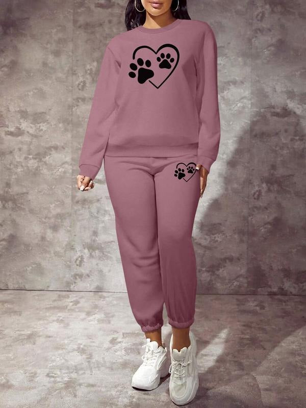 Valentine's Day Spring Fall Casual Home Outdoor Fitness Romantic Heart Print Long Sleeve Women's Sweatshirt Set, Cute Dog...