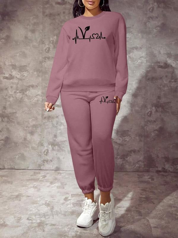Valentine's Day Spring Fall Casual Sweatshirt Set, Heart Design, Fitted Long Sleeve, Round Neck, Comfortable Two-Piece...