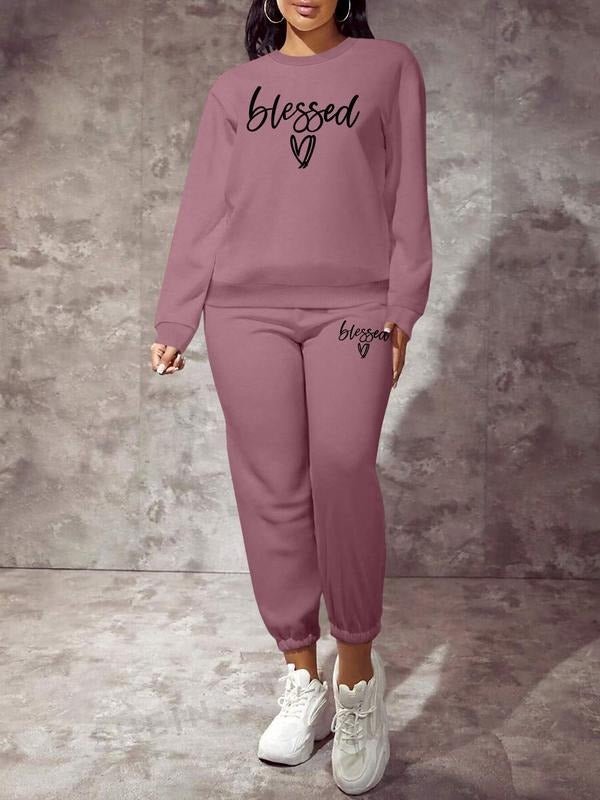 Valentine's Day Spring Fall Casual Sweatshirt Set, Heart Element Letter Print Long Sleeve Round Neck Top, Comfortable...