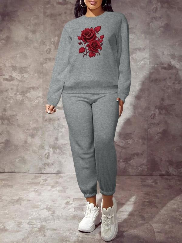 Valentine's Day Spring Fall Fashion Casual Home Outdoor Fitness Rose Print Long Sleeve Women's Two-Piece Set, Comfortable...