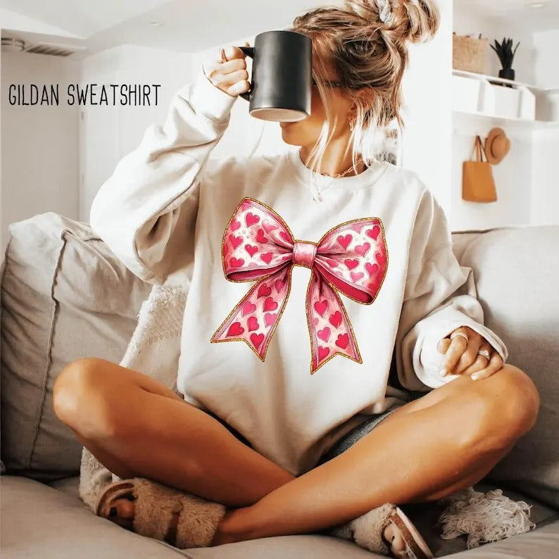 Valentine's day Heart Coquette bow Sweatshirt Valentines day Bow , Coquette Bow Shirt Hoodie | PrintMintTees.com