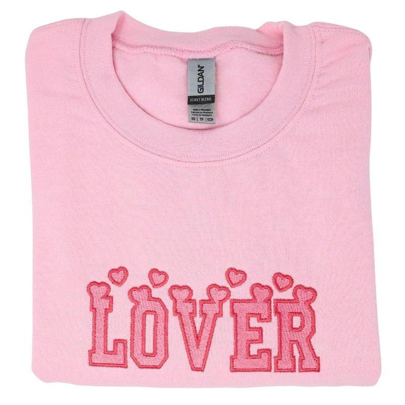 Valentines Day "Lover" Hearts Embroidered Sweatshirt Fabric Fit T-Shirts, Hoodie | PrintMintTees.com