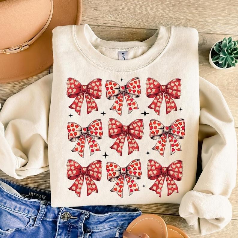 Valentines Day Heart Coquette Bow ,Sweatshirt Love , Valentine Mama , Girls Valentine Shirt Hoodie | PrintMintTees.com