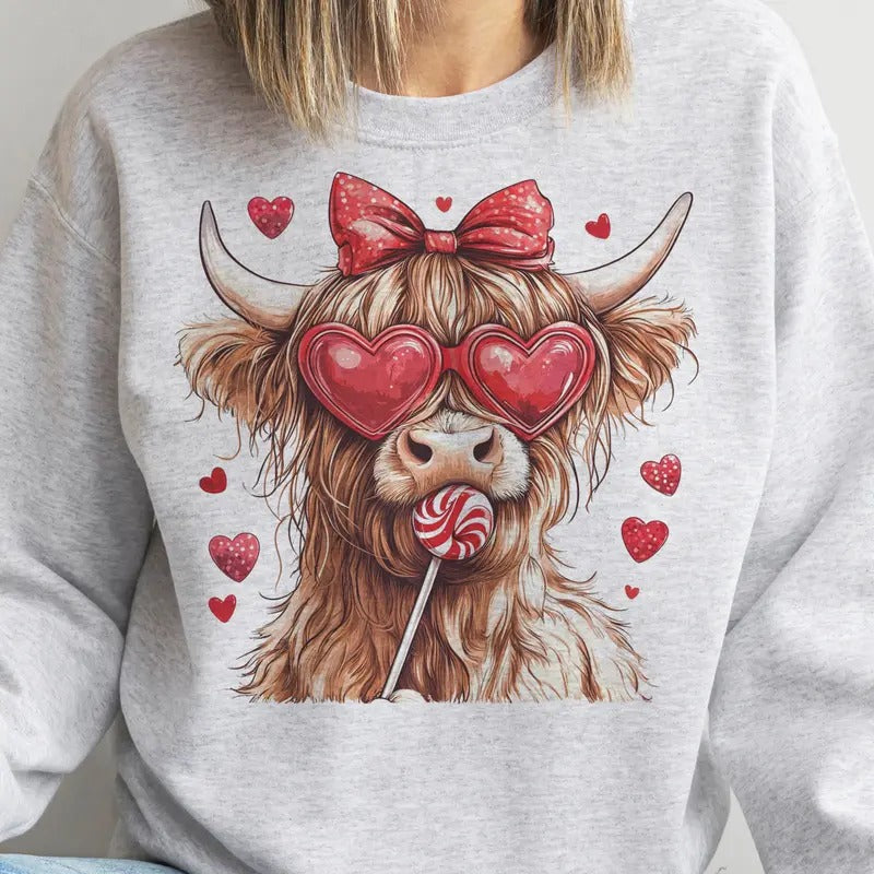 Valentines Highland Cow Retro Coquette Cow Country Valentine Cow Heart Sunglasses Red Bow Cow Top Love Heart Highland Cow Womenswear Casual Valentines Top T-Shirts, Hoodie, Sweatshirt