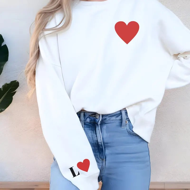 Valentines Sweatshirt for Women, Womens Couple Matching with Initial on Sleeve, Valentines Day Sweatshirt, Valentine...