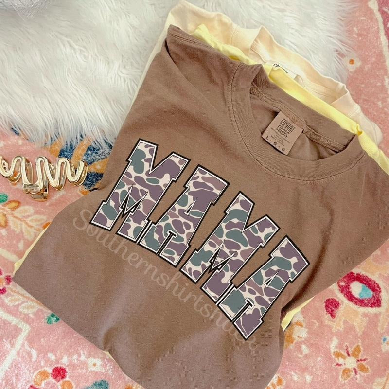 Varsity Camo Mama T shirt  | Espresso comfort colors T shirt top Hoodie Sweatshirt | PrintMintTees.com